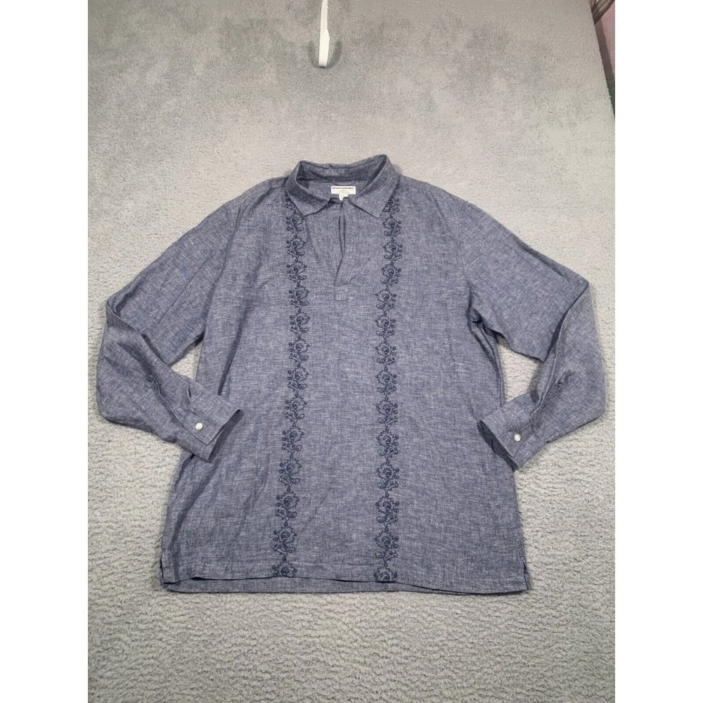 Banana Republic Blue Chambray Tunic Blouse Linen‎ Blend Embroidered Large 16